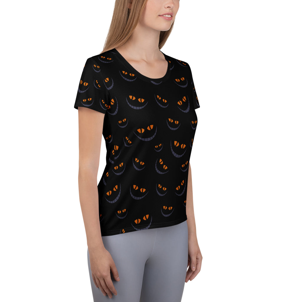 Women’s Creepy Cat Eyes Halloween Athletic T-Shirt - Lightweight Moisture Wicking Workout Top with UPF 50+