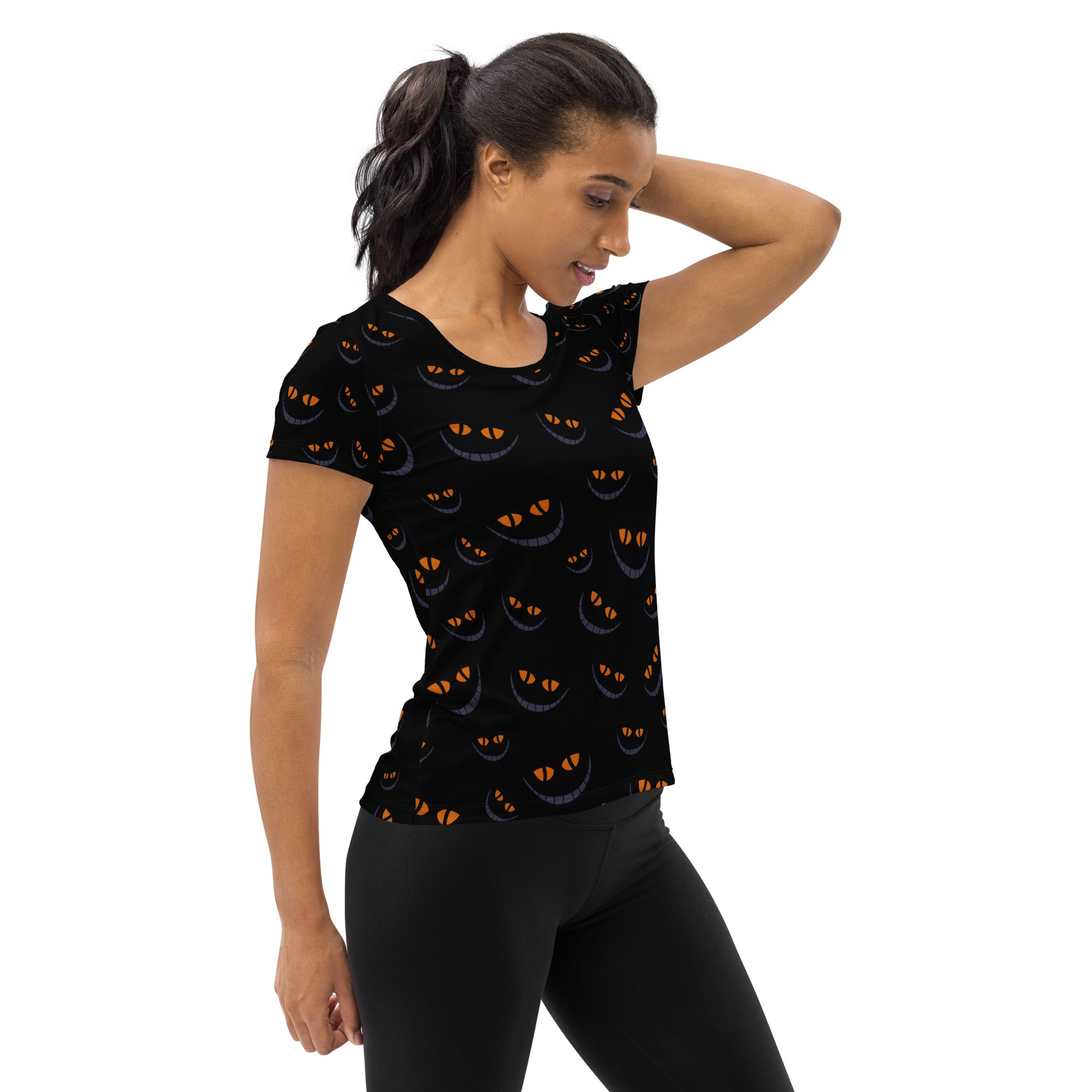 Women’s Creepy Cat Eyes Halloween Athletic T-Shirt - Lightweight Moisture Wicking Workout Top with UPF 50+