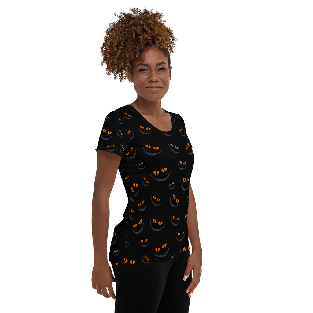 Women’s Creepy Cat Eyes Halloween Athletic T-Shirt - Lightweight Moisture Wicking Workout Top with UPF 50+