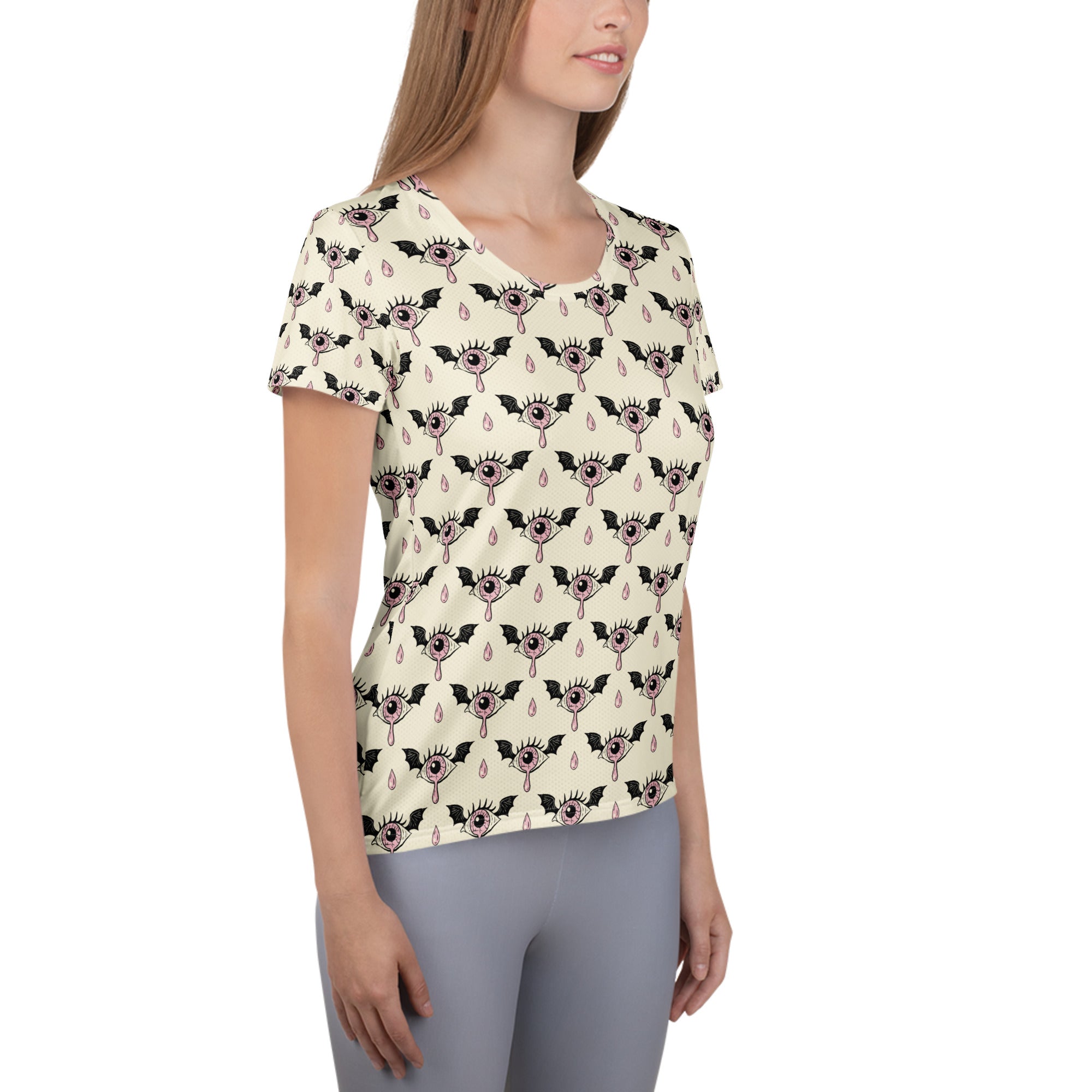 Women’s Creepy Eyeball Halloween Athletic T-Shirt - Lightweight Moisture Wicking Workout Top with UPF 50+