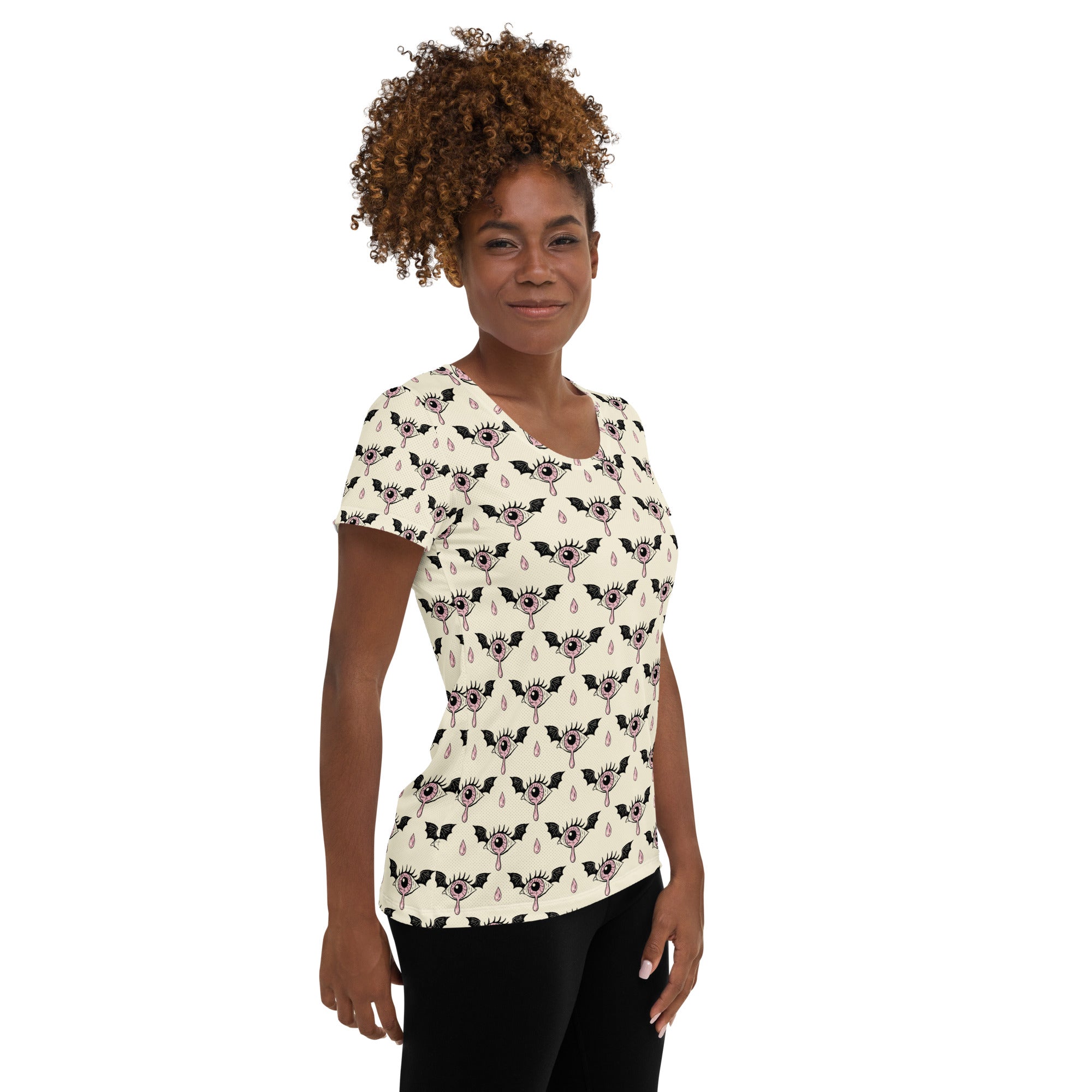 Women’s Creepy Eyeball Halloween Athletic T-Shirt - Lightweight Moisture Wicking Workout Top with UPF 50+