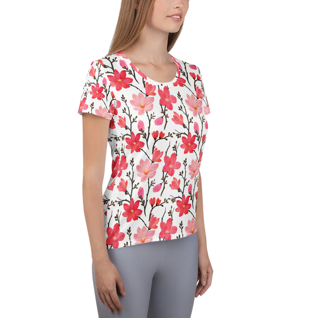 Women’s Pink Cherry Blossom Athletic T-Shirt - Lightweight Moisture Wicking Workout Top with UPF 50+