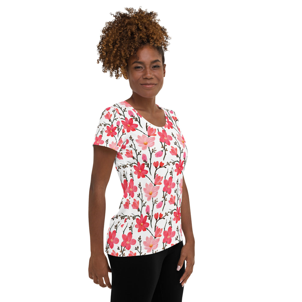 Women’s Pink Cherry Blossom Athletic T-Shirt - Lightweight Moisture Wicking Workout Top with UPF 50+