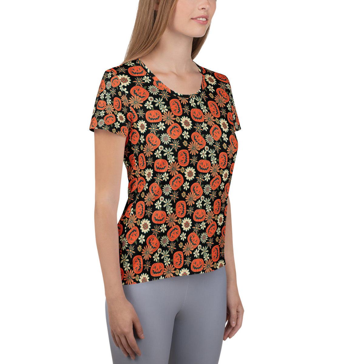 Women’s Retro Floral Pumpkin Halloween Athletic T-Shirt - Lightweight Moisture Wicking Workout Top With UPF 50+