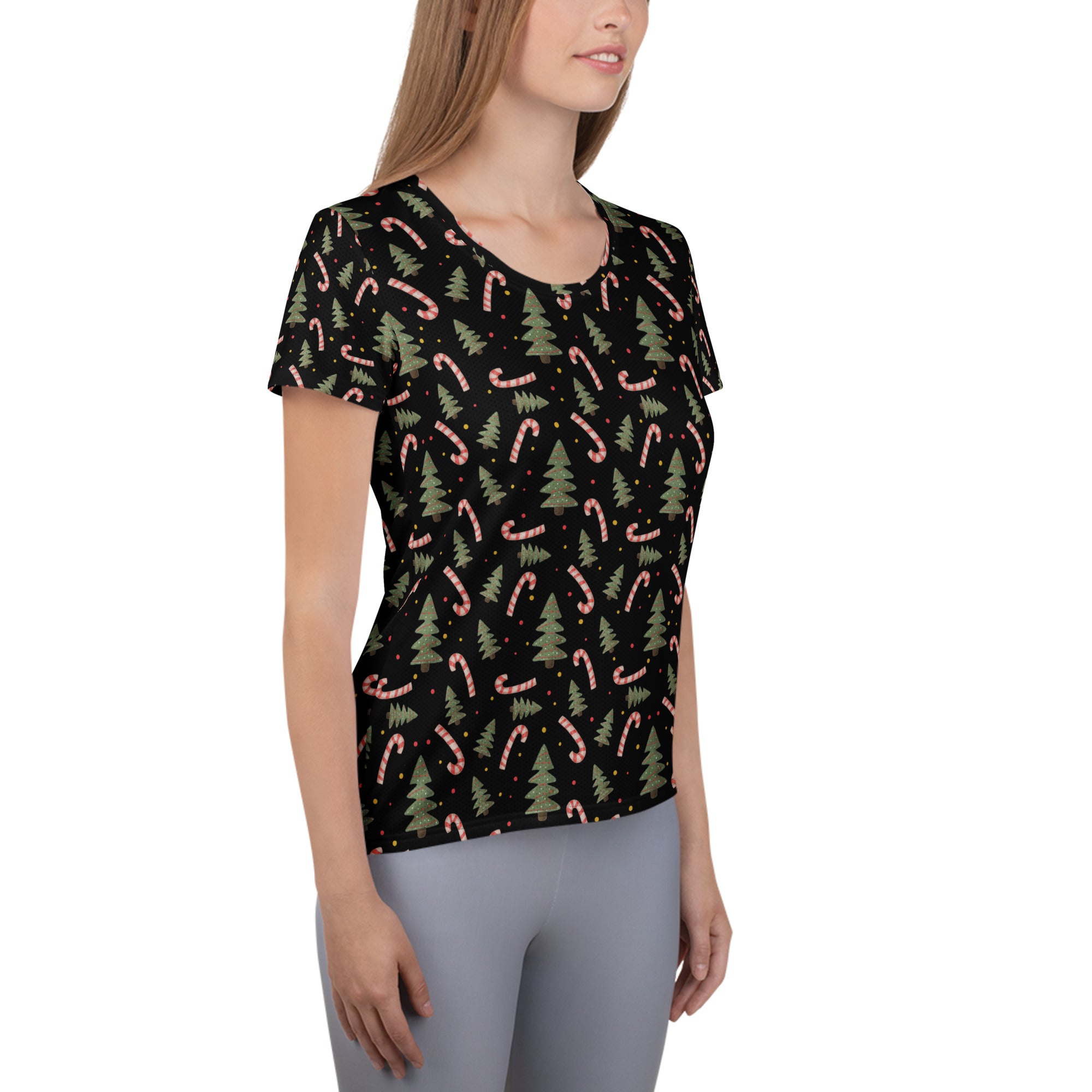 Women’s Christmas Tree & Candy Cane Athletic T-Shirt - Lightweight Moisture Wicking Workout Top with UPF 50+