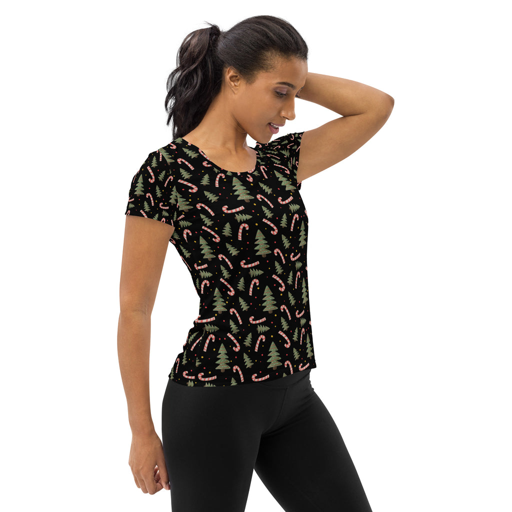 Women’s Christmas Tree & Candy Cane Athletic T-Shirt - Lightweight Moisture Wicking Workout Top with UPF 50+