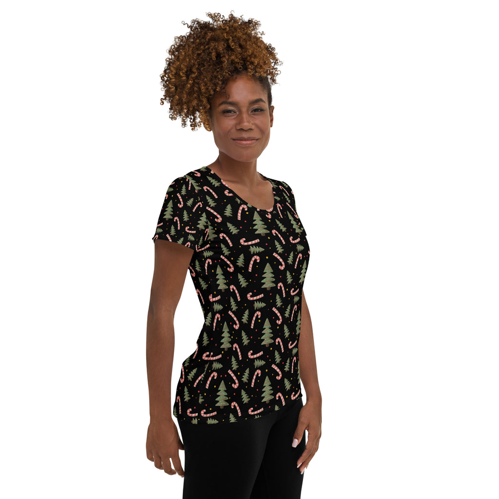 Women’s Christmas Tree & Candy Cane Athletic T-Shirt - Lightweight Moisture Wicking Workout Top with UPF 50+