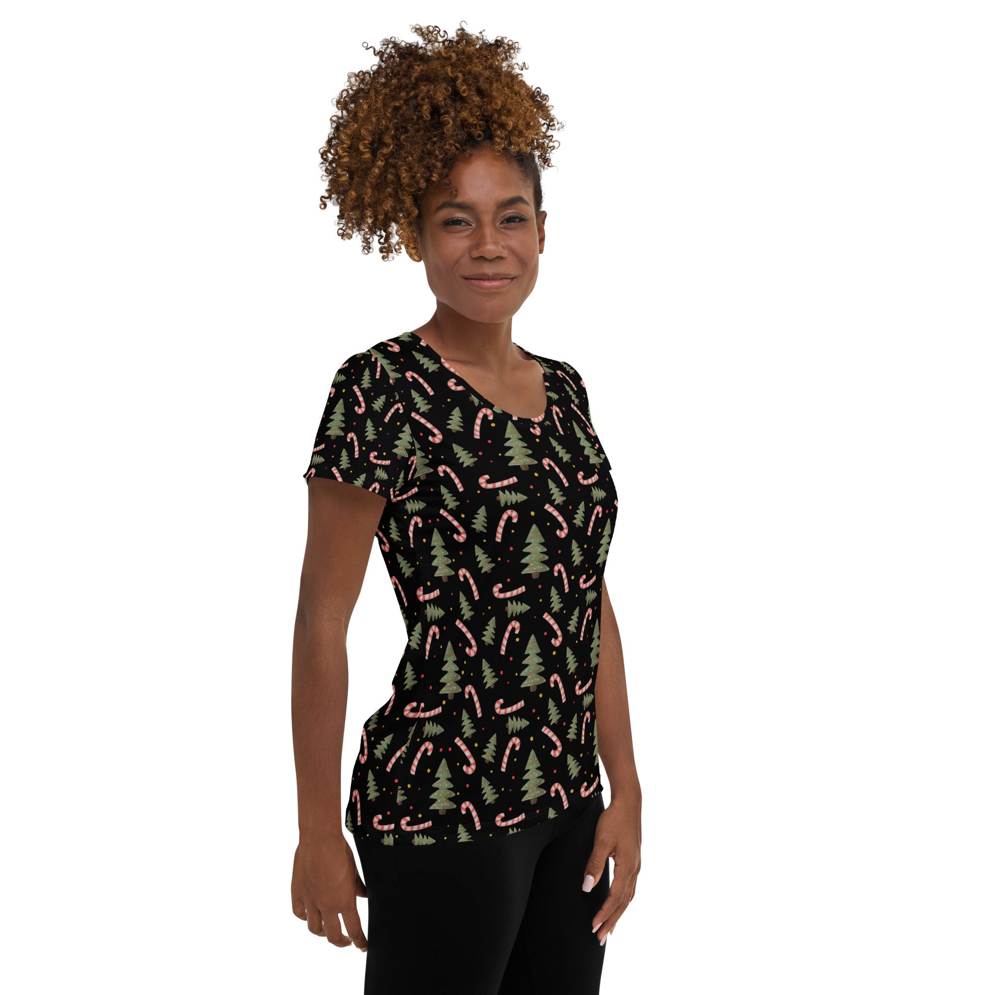 Women’s Christmas Tree & Candy Cane Athletic T-Shirt - Lightweight Moisture Wicking Workout Top with UPF 50+