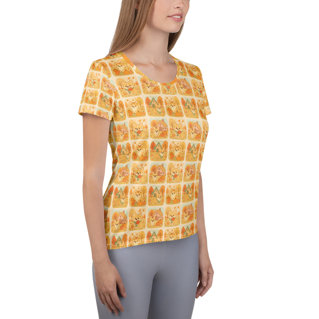 Women’s Autumn Corgi Athletic T-Shirt - Lightweight Moisture Wicking Workout Top with UPF 50+