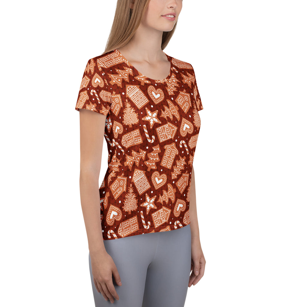 Women’s Red Gingerbread Christmas Athletic T-Shirt - Lightweight Moisture Wicking Workout Top with UPF 50+
