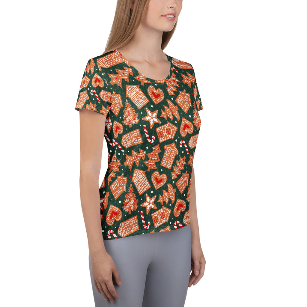 Women’s Green Gingerbread Christmas Athletic T-Shirt - Lightweight Moisture Wicking Workout Top with UPF 50+