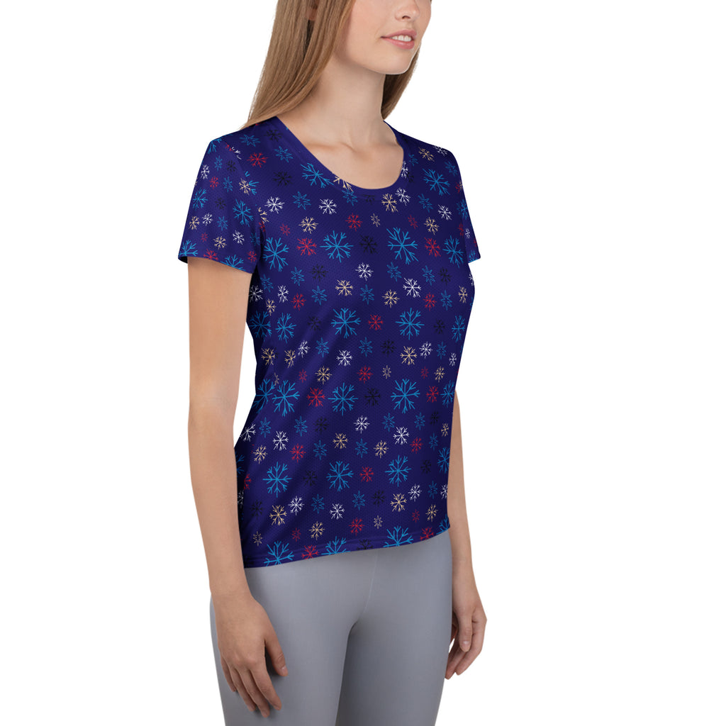 Women’s Blue Snowflake Christmas Athletic T-Shirt - Lightweight Moisture Wicking Workout Top with UPF 50+