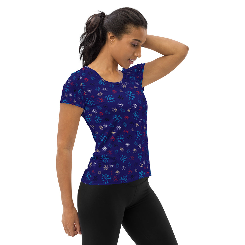 Women’s Blue Snowflake Christmas Athletic T-Shirt - Lightweight Moisture Wicking Workout Top with UPF 50+