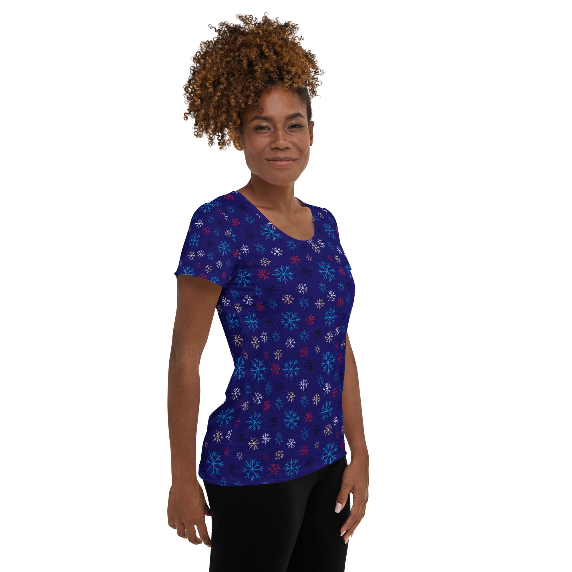 Women’s Blue Snowflake Christmas Athletic T-Shirt - Lightweight Moisture Wicking Workout Top with UPF 50+