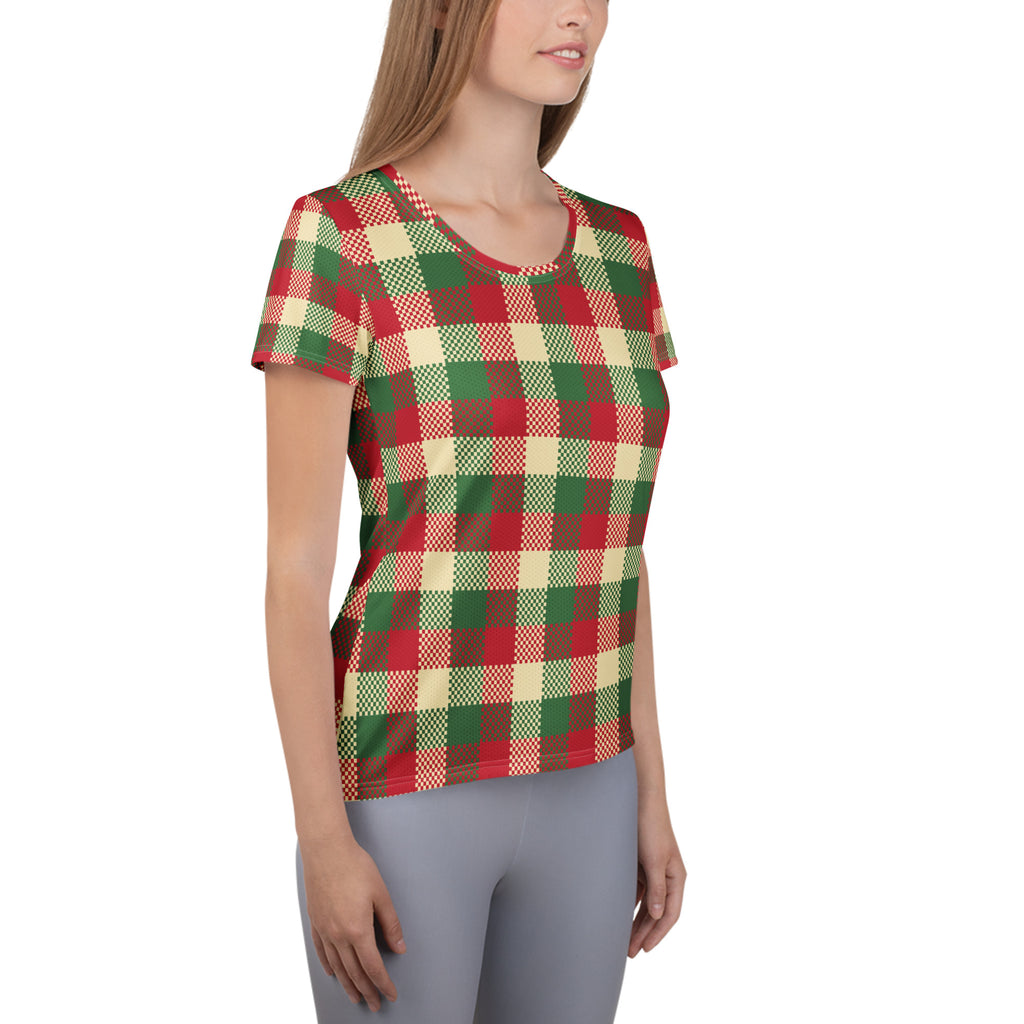 Women’s Red & Green Christmas Plaid Athletic T-Shirt - Lightweight Moisture Wicking Workout Top with UPF 50+