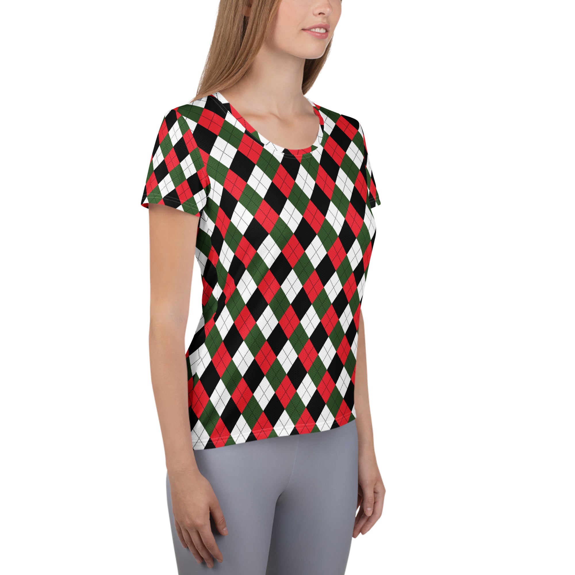 Women’s Christmas Argyle Athletic T-Shirt - Lightweight Moisture Wicking Workout Top With UPF 50+