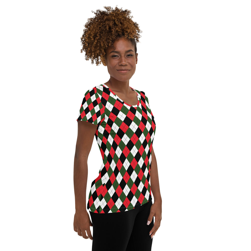 Women’s Christmas Argyle Athletic T-Shirt - Lightweight Moisture Wicking Workout Top With UPF 50+