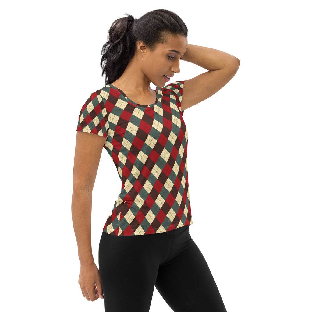 Women’s Vintage Christmas Argyle Athletic T-Shirt - Lightweight Moisture Wicking Workout Top With UPF 50+