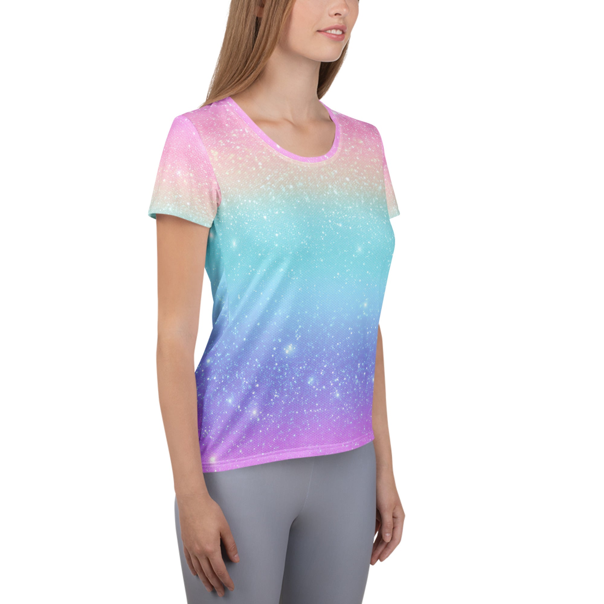Women’s Faux Sparkle Effect Athletic T-Shirt - Lightweight Moisture Wicking Workout Top With UPF 50+