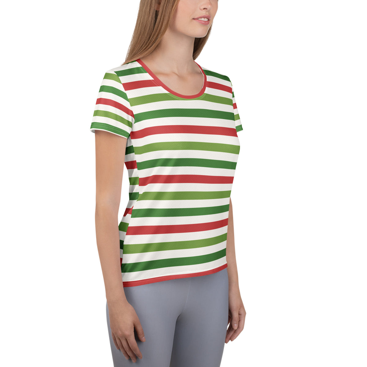 Women’s Red Green Christmas Striped Athletic T-Shirt - Lightweight Moisture Wicking Workout Top With UPF 50+