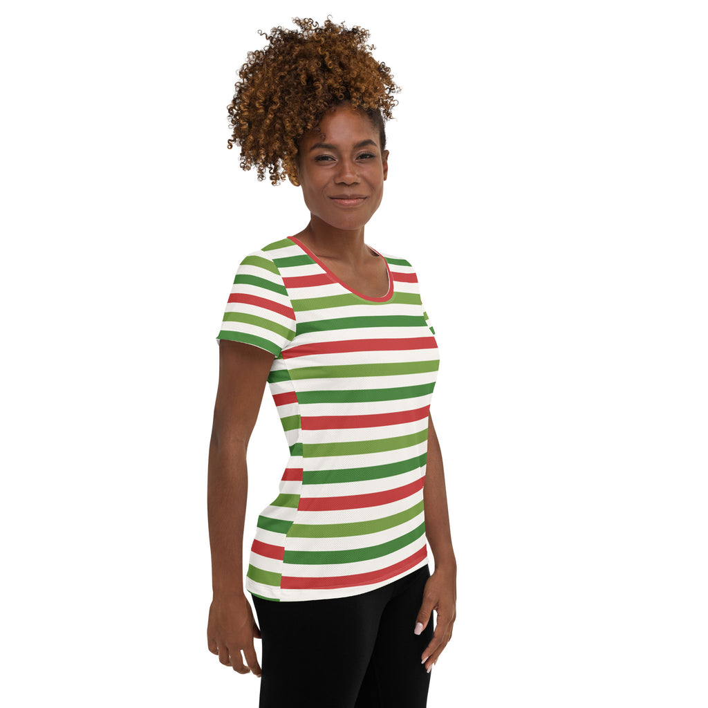 Women’s Red Green Christmas Striped Athletic T-Shirt - Lightweight Moisture Wicking Workout Top With UPF 50+