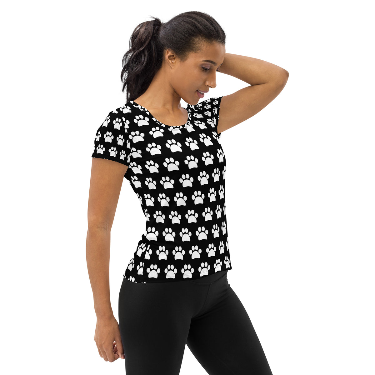 Women’s Black Paw Print Athletic T-Shirt - Lightweight Moisture Wicking Workout Top With UPF 50+