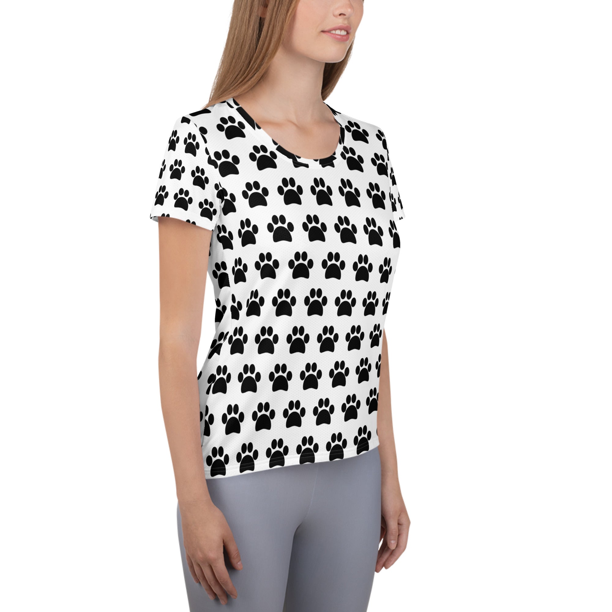 Women’s White Paw Print Athletic T-Shirt - Lightweight Moisture Wicking Workout Top With UPF 50+