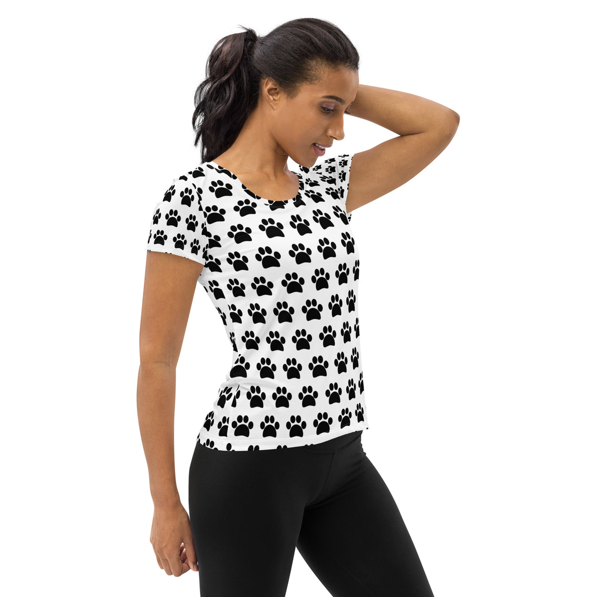 Women’s White Paw Print Athletic T-Shirt - Lightweight Moisture Wicking Workout Top With UPF 50+