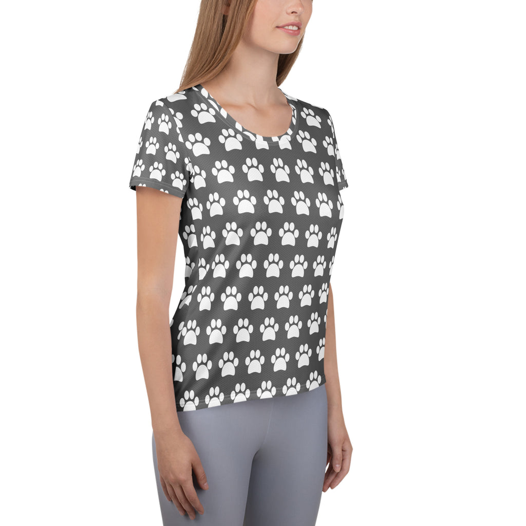 Women’s Gray Paw Print Athletic T-Shirt - Lightweight Moisture Wicking Workout Top With UPF 50+