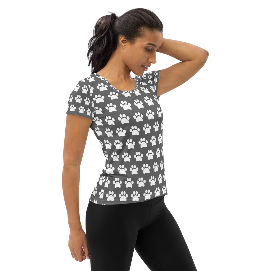 Women’s Gray Paw Print Athletic T-Shirt - Lightweight Moisture Wicking Workout Top With UPF 50+