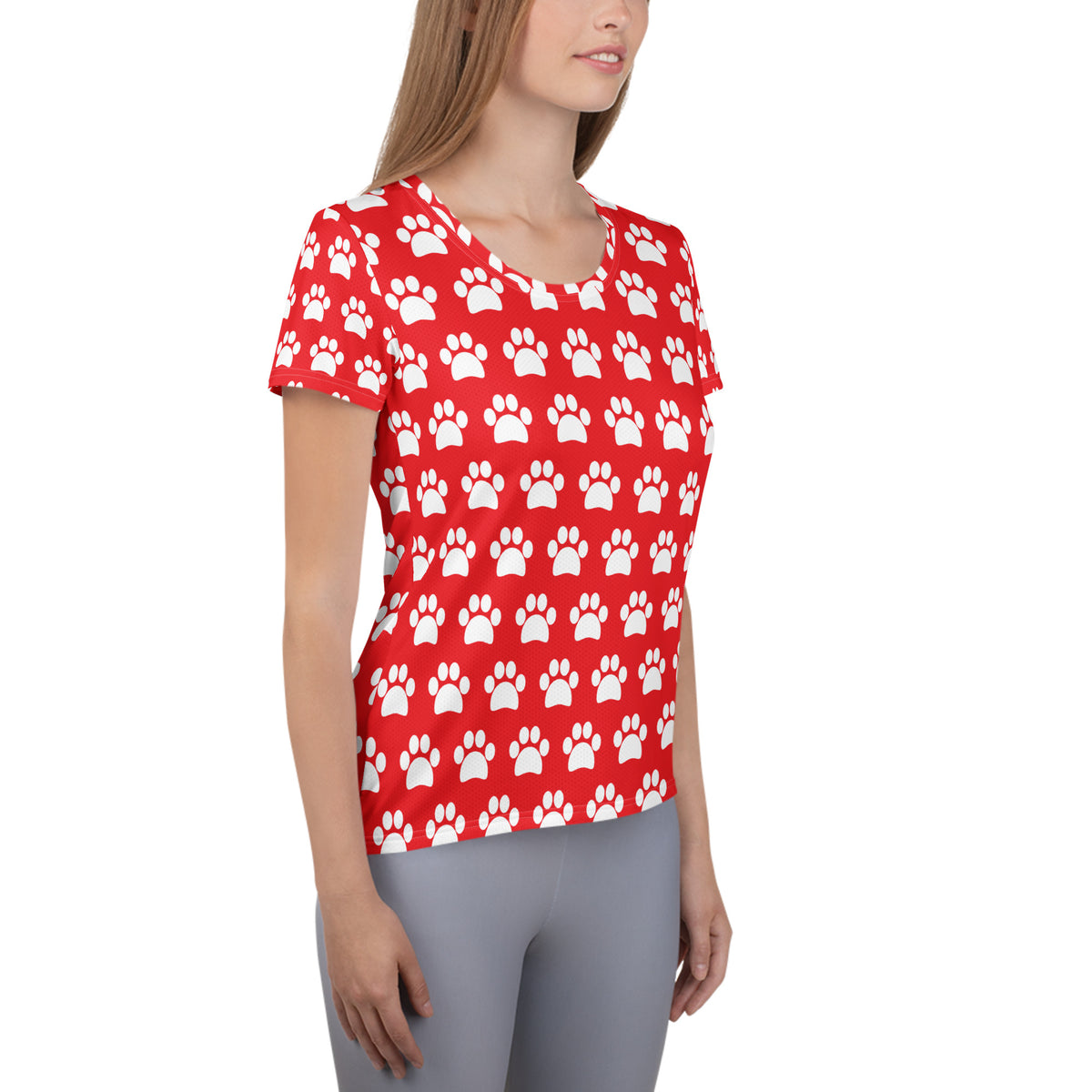 Women’s Red Paw Print Athletic T-Shirt - Lightweight Moisture Wicking Workout Top With UPF 50+