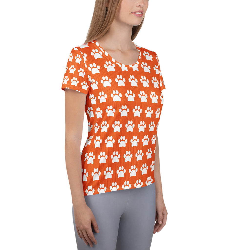 Women’s Orange Paw Print Athletic T-Shirt - Lightweight Moisture Wicking Workout Top With UPF 50+