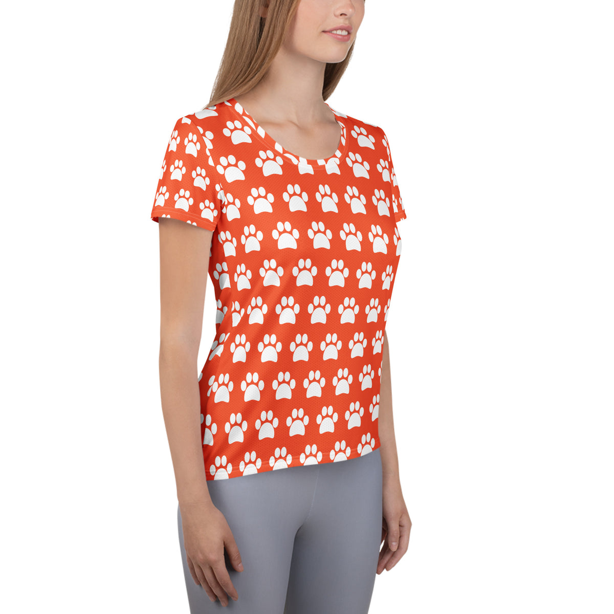Women’s Bright Orange Paw Print Athletic T-Shirt - Lightweight Moisture Wicking Workout Top With UPF 50+