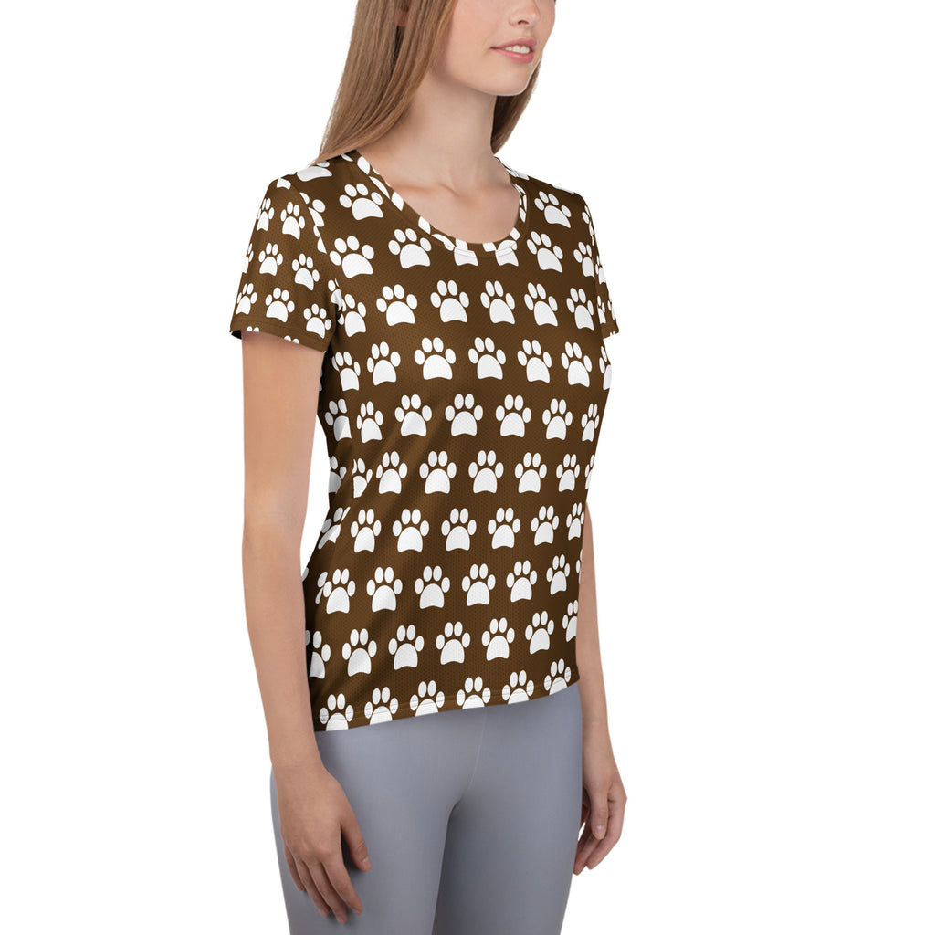 Women’s Brown Paw Print Athletic T-Shirt - Lightweight Moisture Wicking Workout Top With UPF 50+