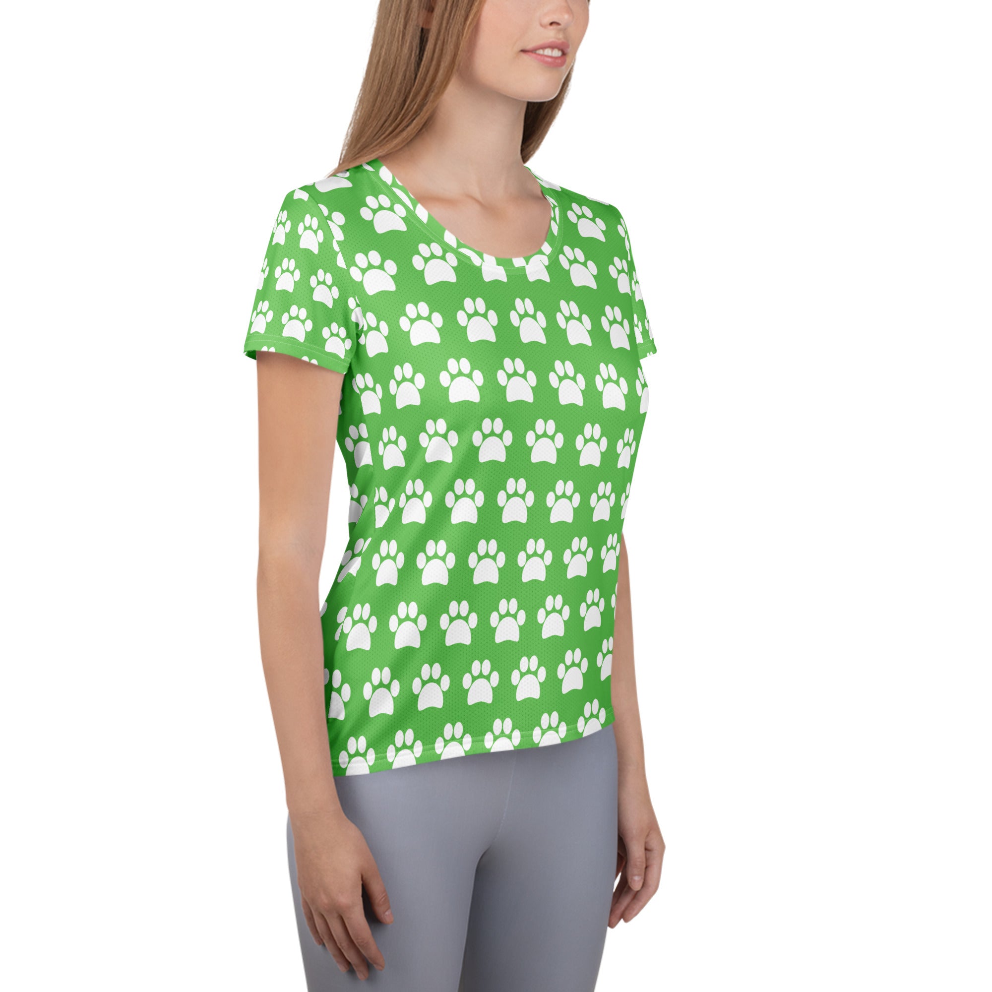 Women’s Green Paw Print Athletic T-Shirt - Lightweight Moisture Wicking Workout Top With UPF 50+