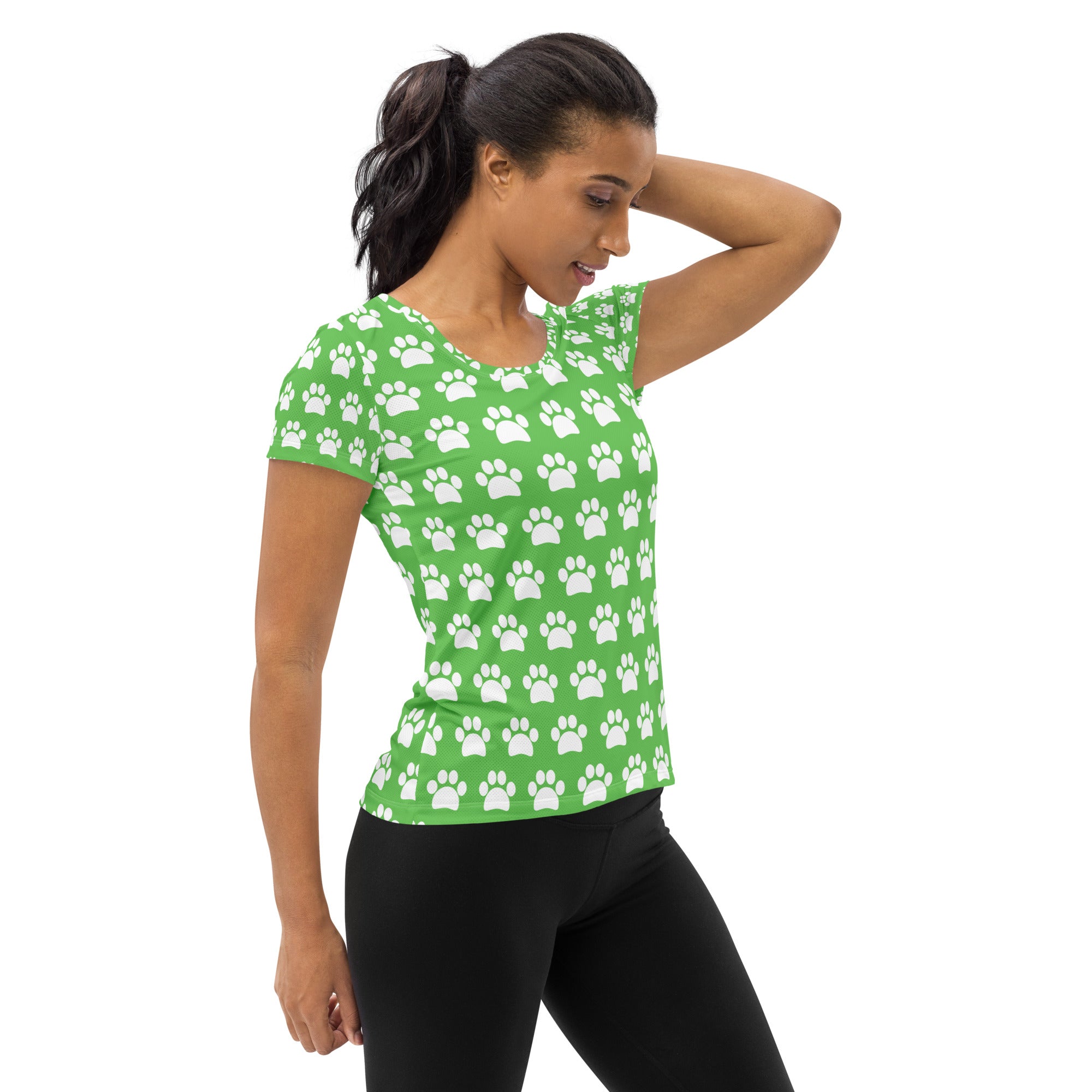 Women’s Green Paw Print Athletic T-Shirt - Lightweight Moisture Wicking Workout Top With UPF 50+