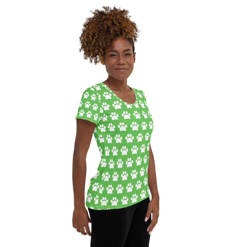 Women’s Green Paw Print Athletic T-Shirt - Lightweight Moisture Wicking Workout Top With UPF 50+