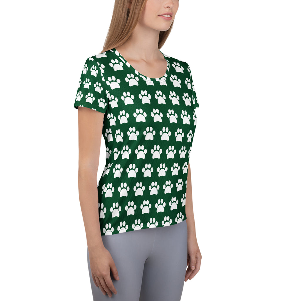 Women’s Forest Green Paw Print Athletic T-Shirt - Lightweight Moisture Wicking Workout Top With UPF 50+