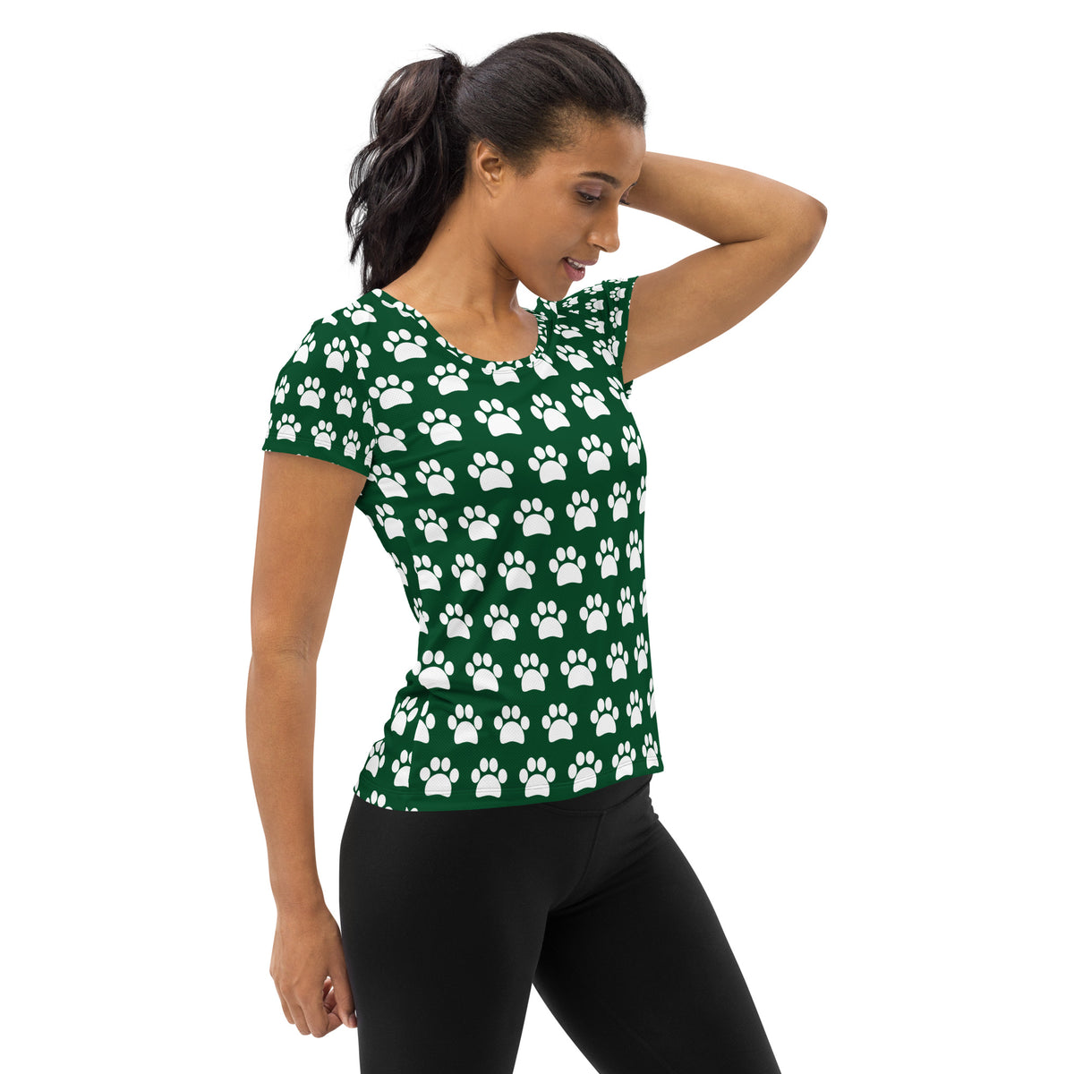 Women’s Forest Green Paw Print Athletic T-Shirt - Lightweight Moisture Wicking Workout Top With UPF 50+