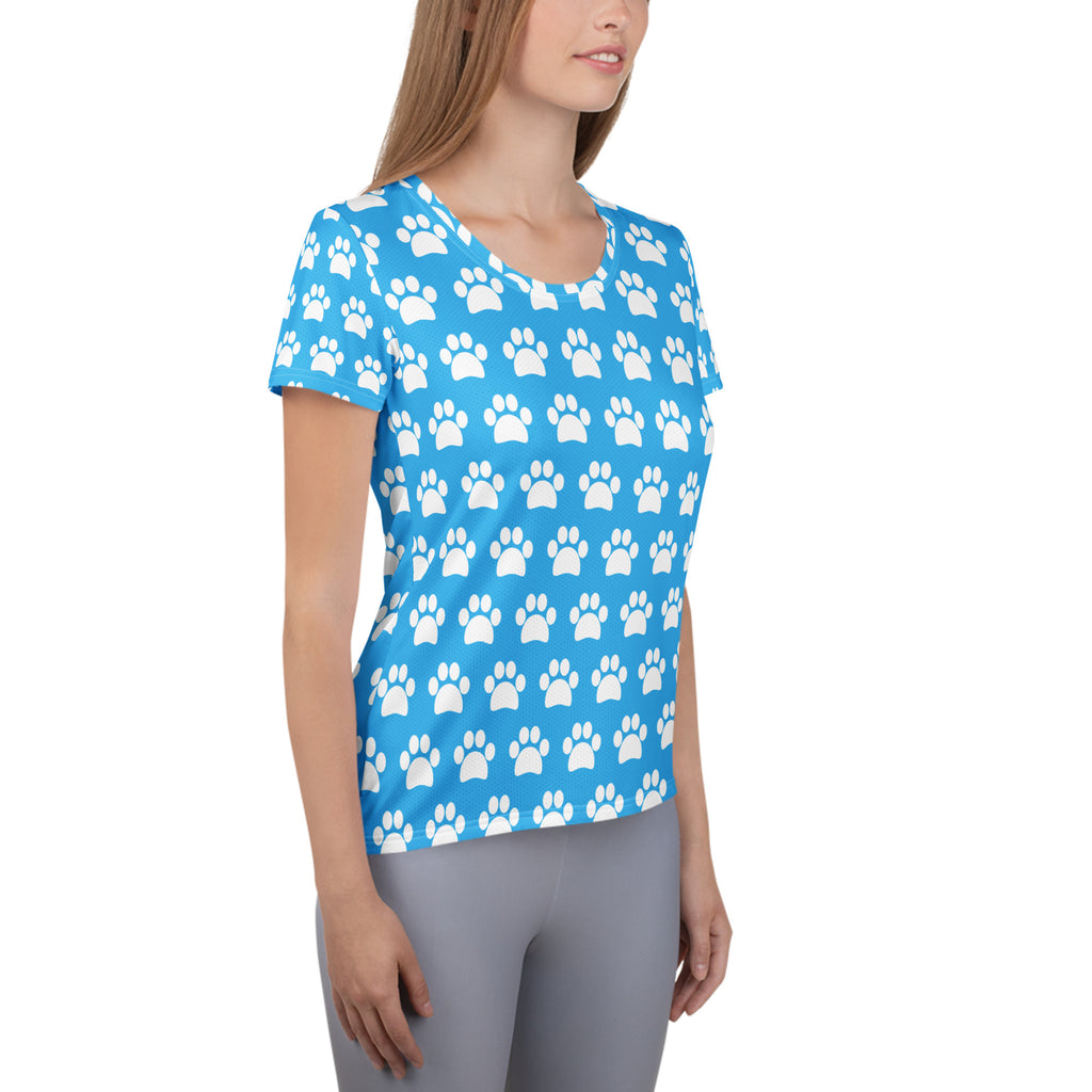 Women’s Light Blue Paw Print Athletic T-Shirt - Lightweight Moisture Wicking Workout Top With UPF 50+