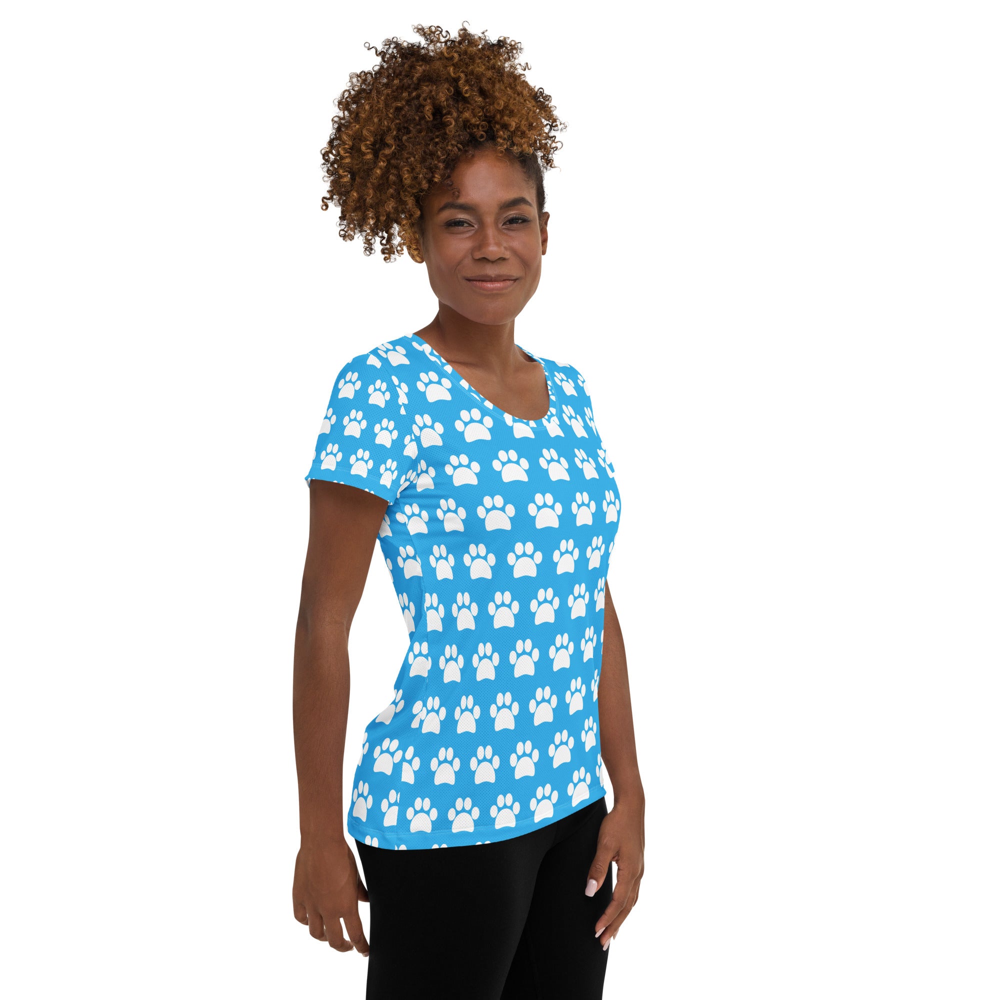Women’s Light Blue Paw Print Athletic T-Shirt - Lightweight Moisture Wicking Workout Top With UPF 50+