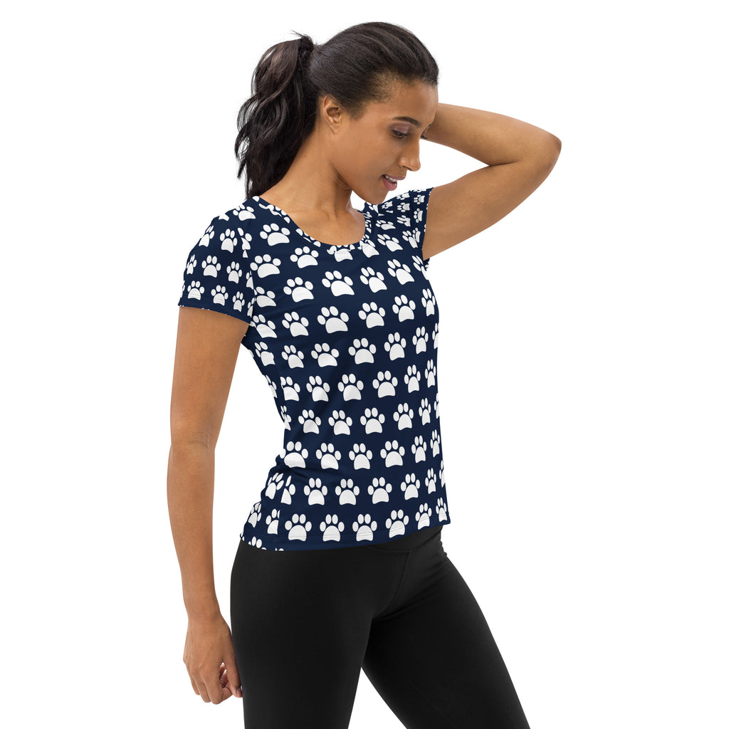 Women’s Navy Blue Paw Print Athletic T-Shirt - Lightweight Moisture Wicking Workout Top With UPF 50+