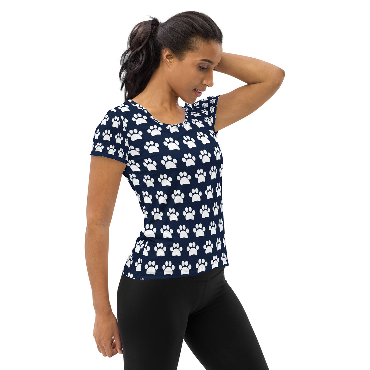 Women’s Navy Blue Paw Print Athletic T-Shirt - Lightweight Moisture Wicking Workout Top With UPF 50+