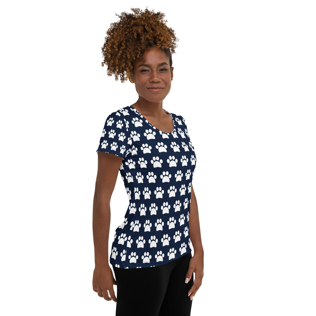 Women’s Navy Blue Paw Print Athletic T-Shirt - Lightweight Moisture Wicking Workout Top With UPF 50+