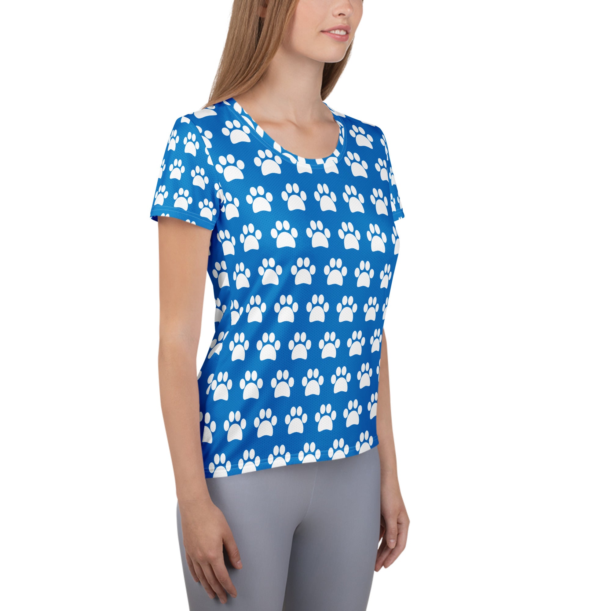 Women’s Royal Blue Paw Print Athletic T-Shirt - Lightweight Moisture Wicking Workout Top With UPF 50+