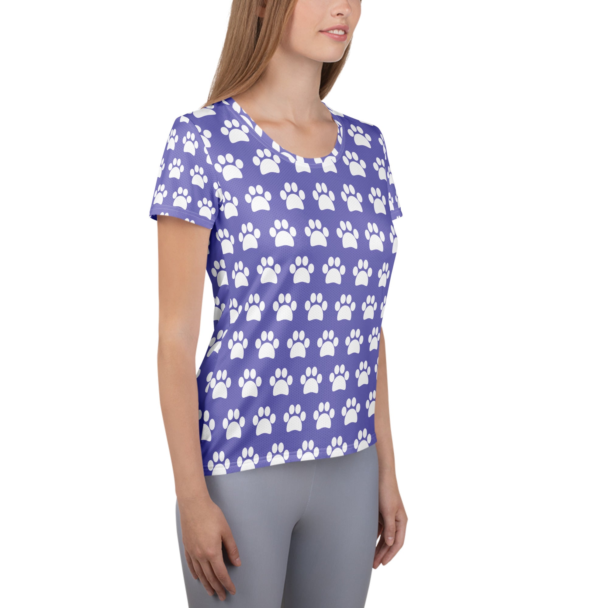 Women’s Lavender Purple Paw Print Athletic T-Shirt - Lightweight Moisture Wicking Workout Top With UPF 50+