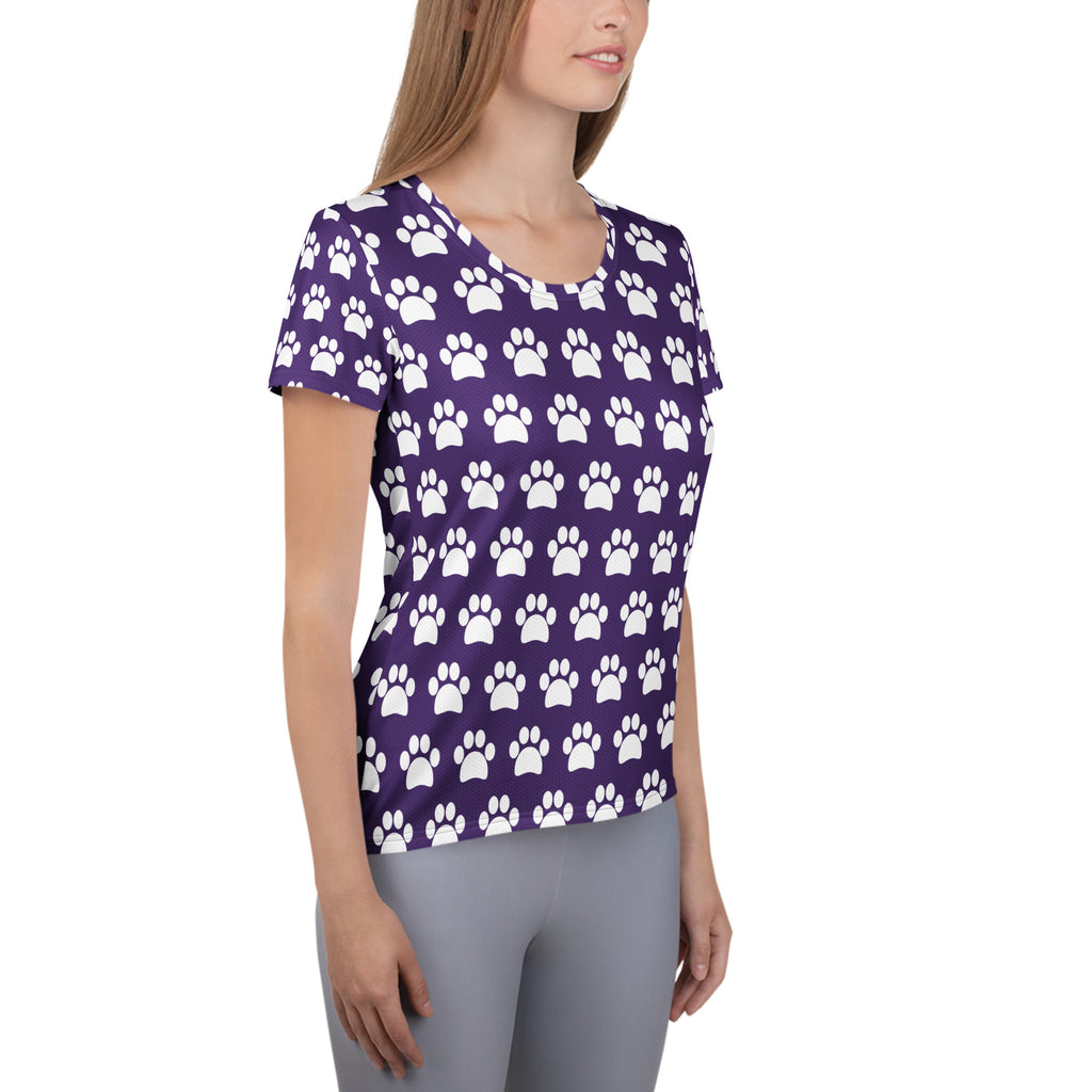 Women’s Dark Purple Paw Print Athletic T-Shirt - Lightweight Moisture Wicking Workout Top With UPF 50+