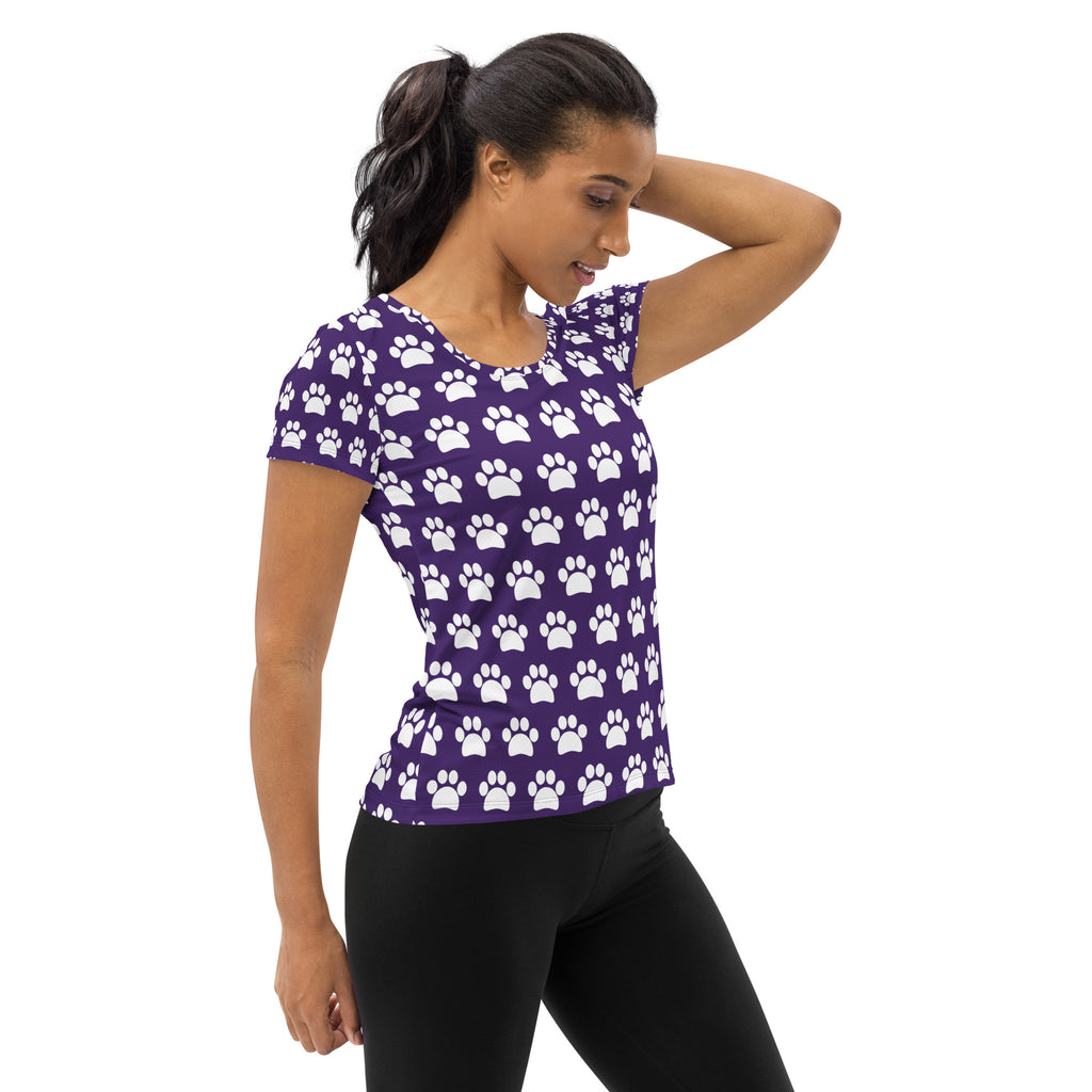 Women’s Dark Purple Paw Print Athletic T-Shirt - Lightweight Moisture Wicking Workout Top With UPF 50+