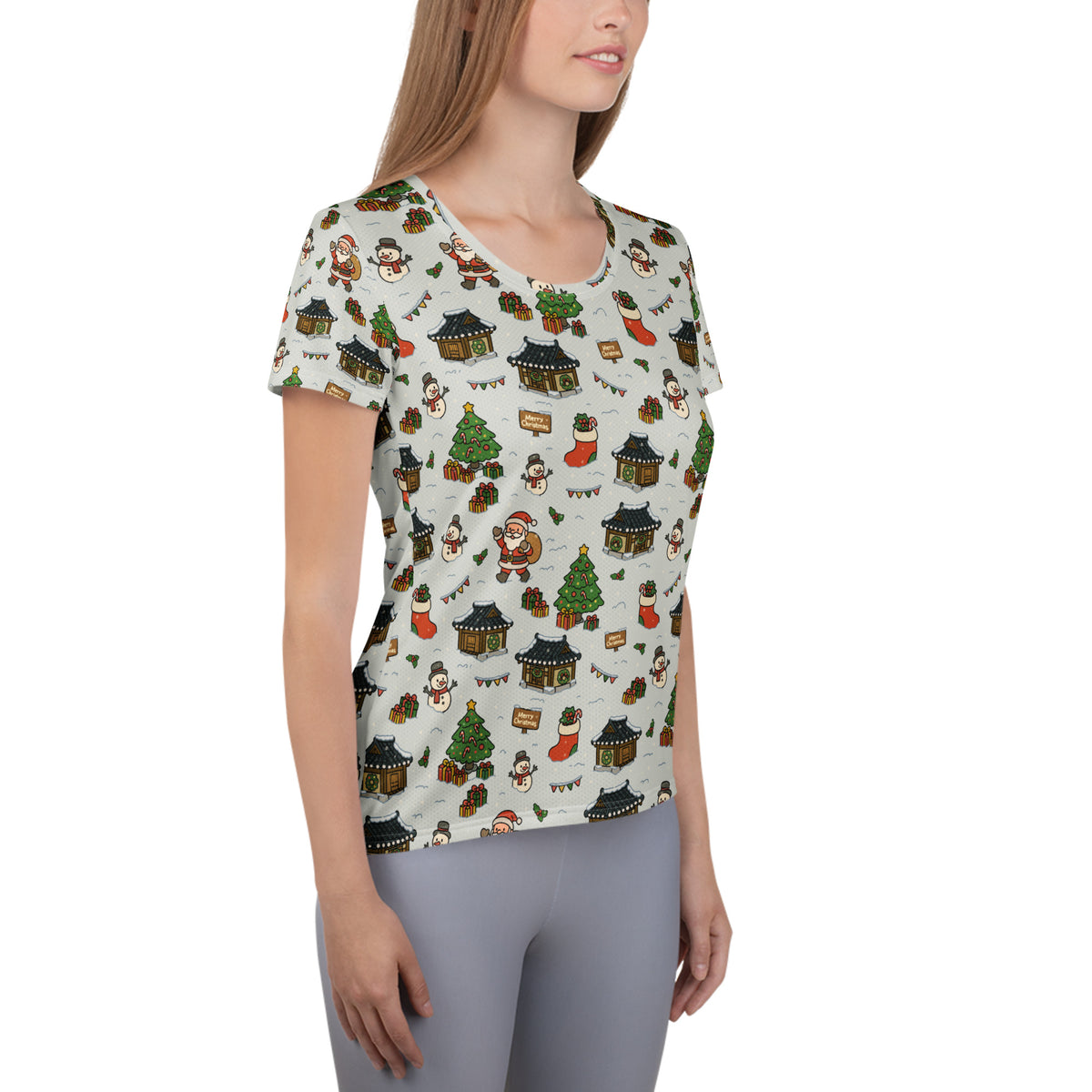 Women’s Christmas Village Athletic T-Shirt - Lightweight Moisture Wicking Workout Top With UPF 50+