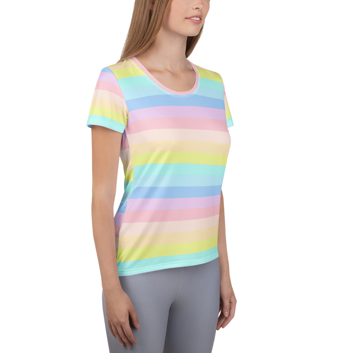 Women’s Pastel Rainbow Stripe Athletic T-Shirt - Lightweight Moisture Wicking Workout Top With UPF 50+